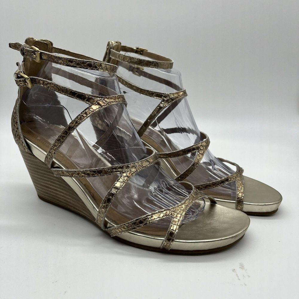 Eileen Fisher Women's 9.5‎ Gold Strappy Platform Wedge Shoes Sandals Back Zip